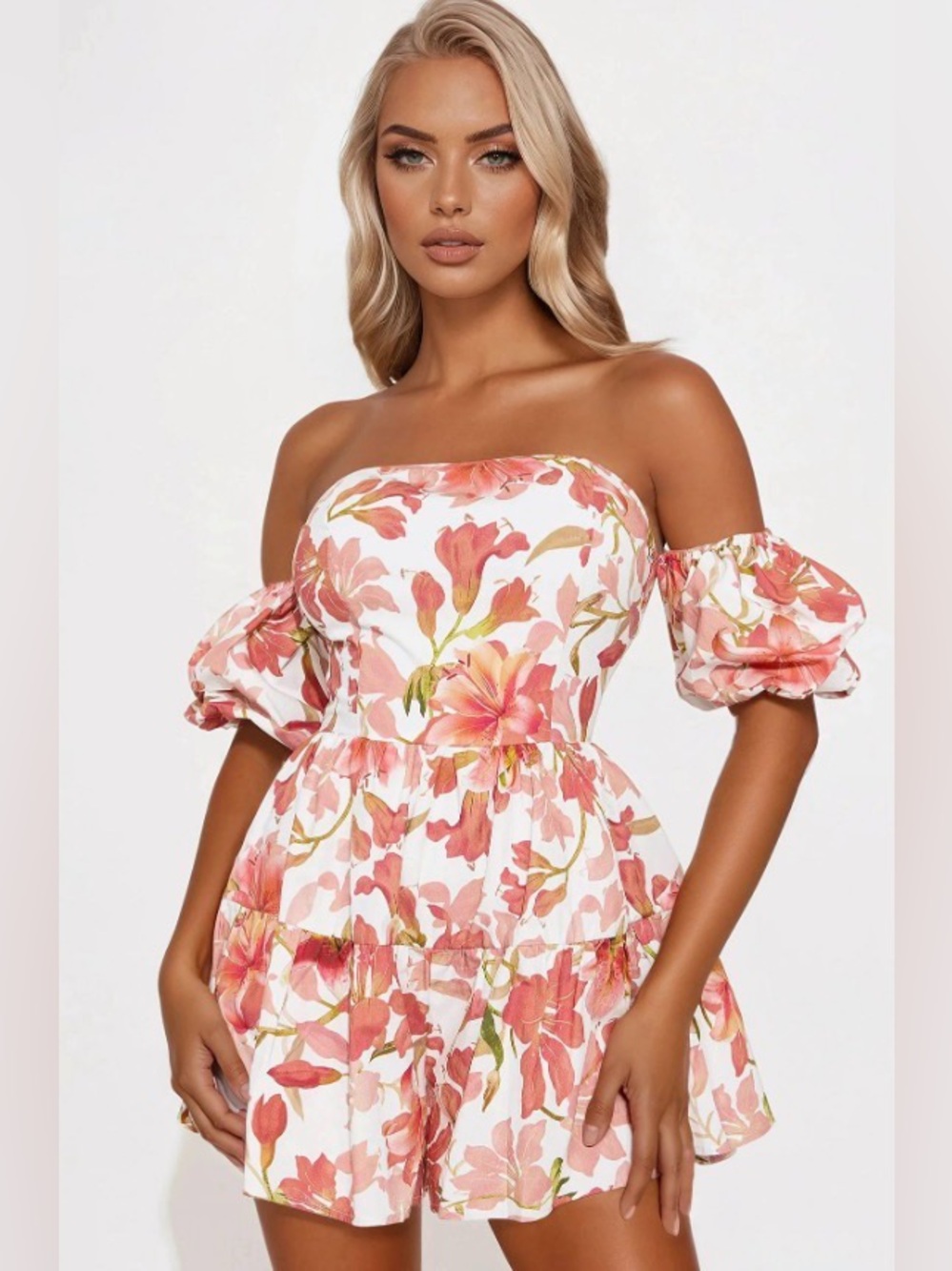 Fashion Nova Fun and Flower Off The Shoulder Romper